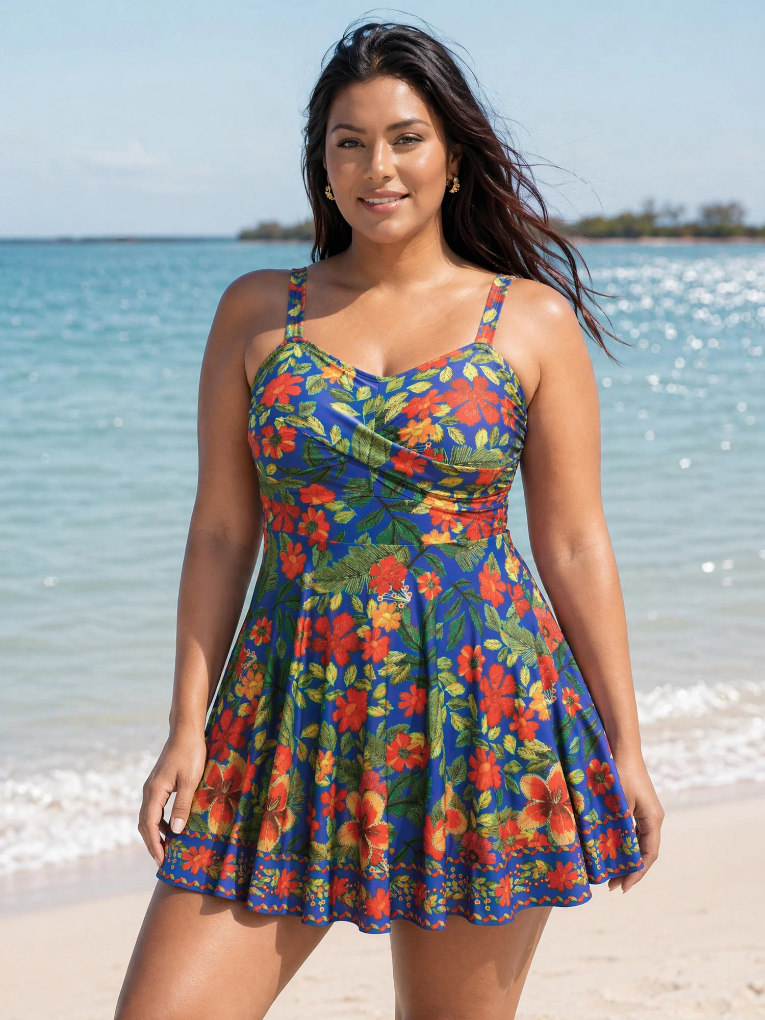 Vibrant Floral Print Twist Front Swim Dress