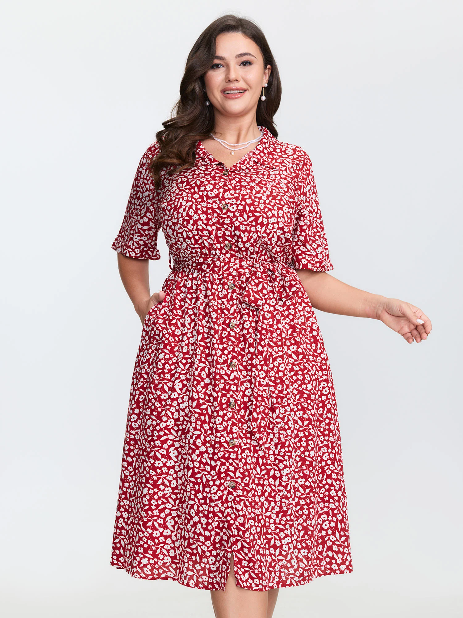 Floral Print Collar Midi Shirt Dress