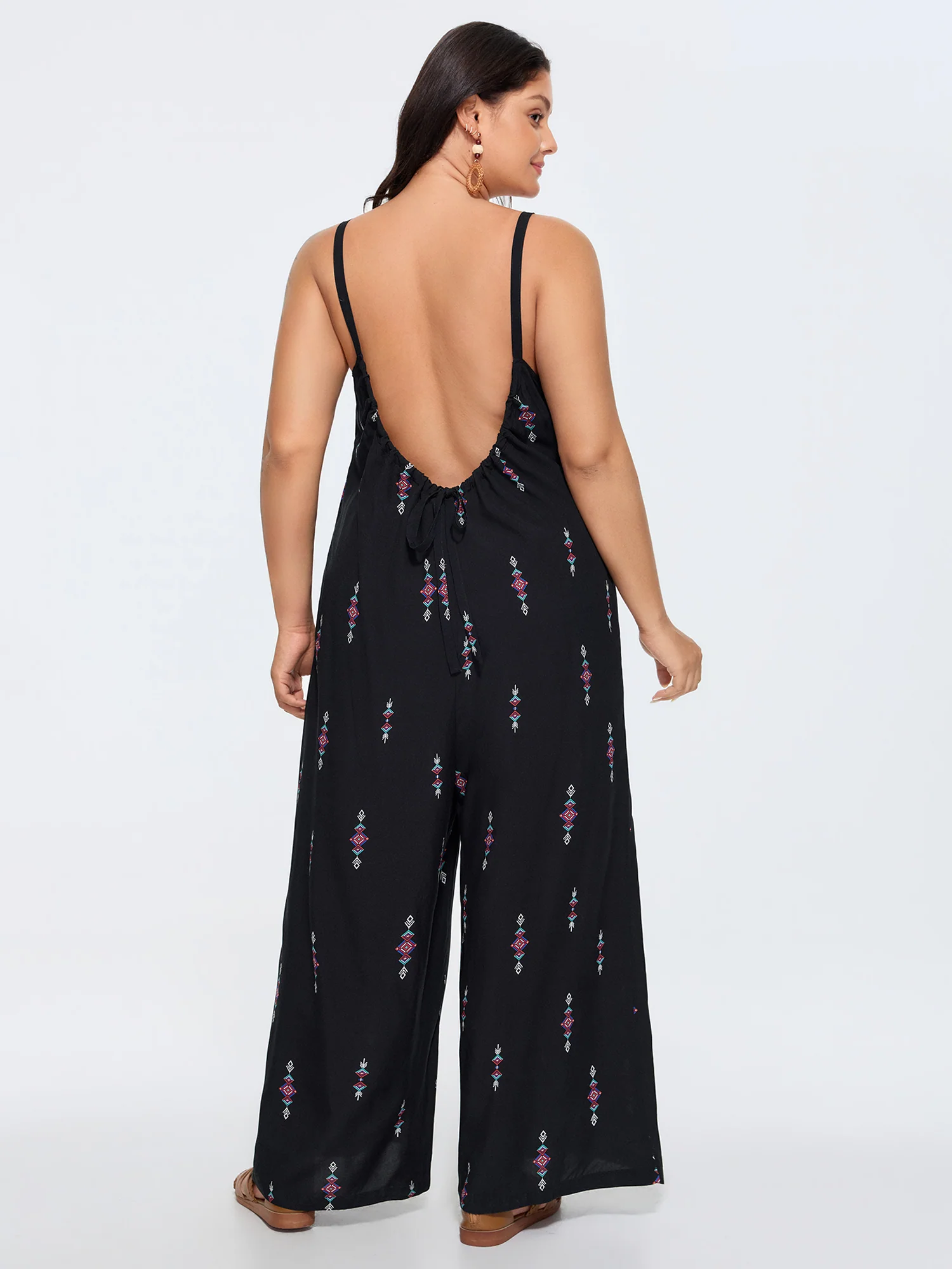 Geometric Print Adjustable Backless Drawstring Jumpsuit