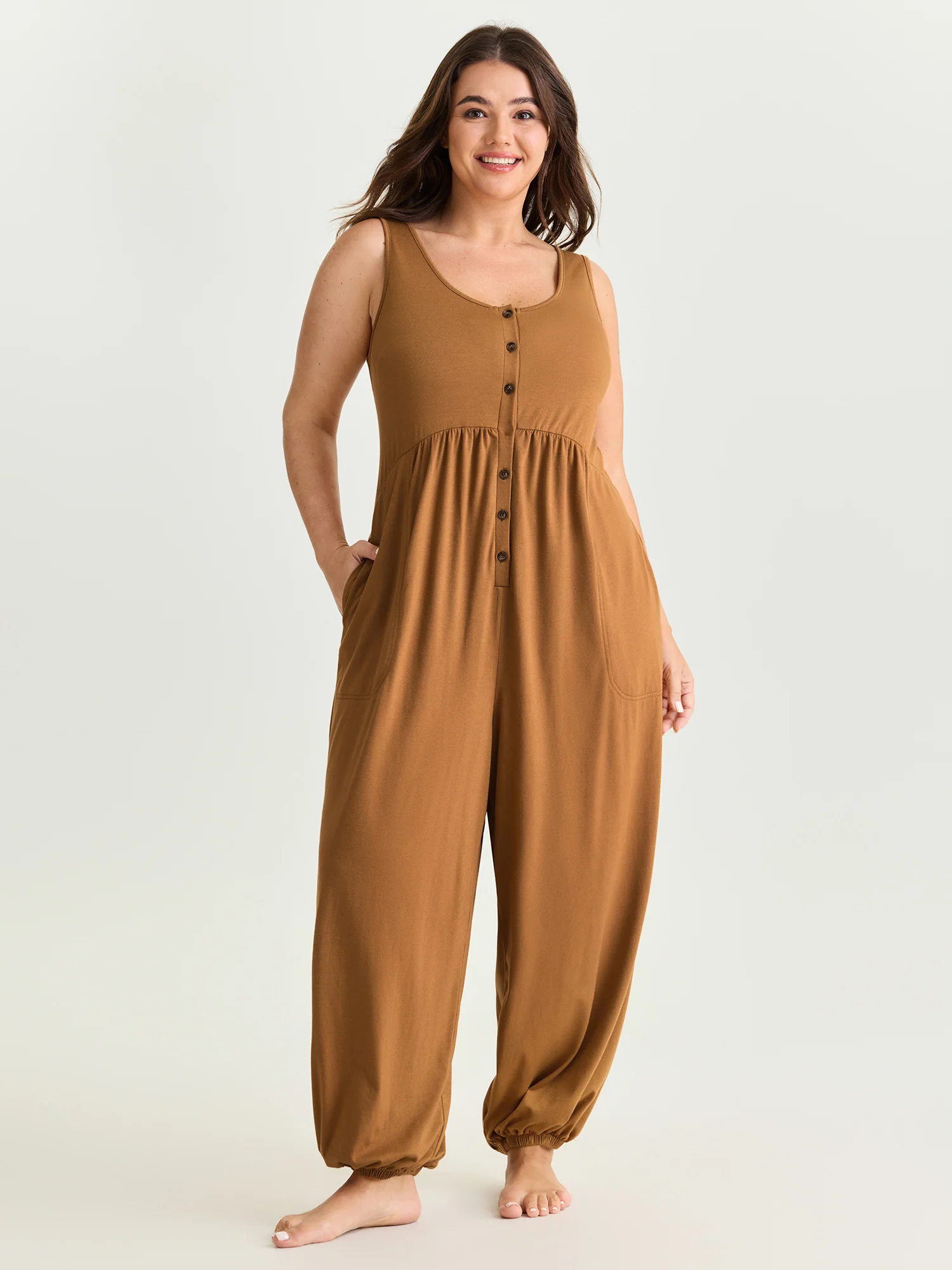 Supersoft Buttons Pleated Cuffed Hem Lounge Jumpsuit