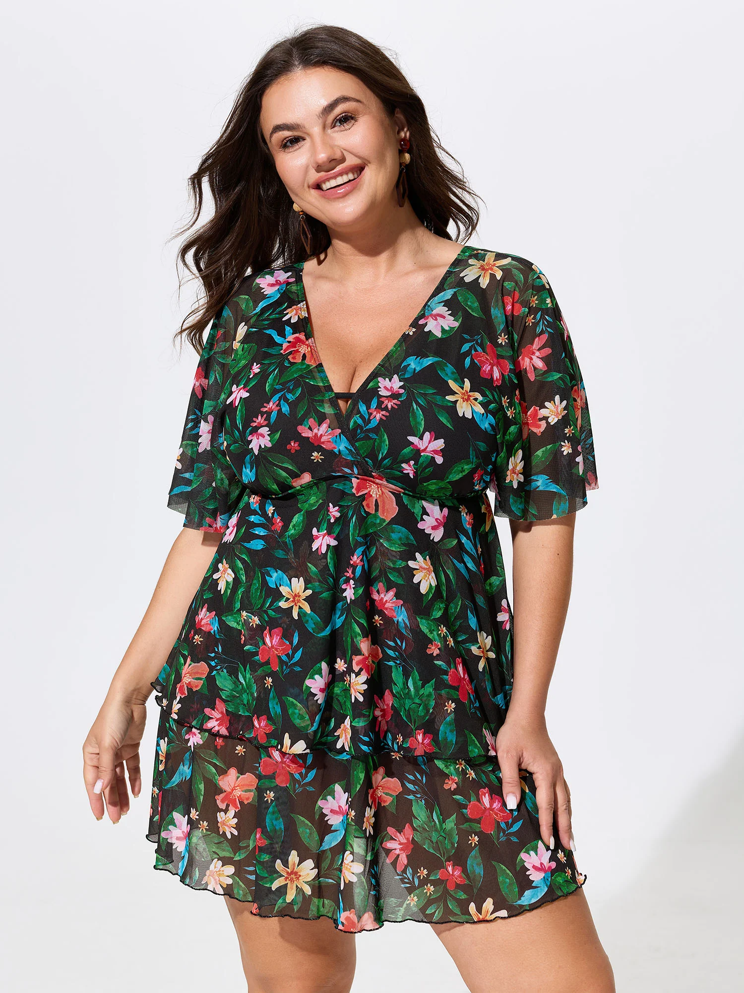 Floral Print Mesh Tiered Swim Dress