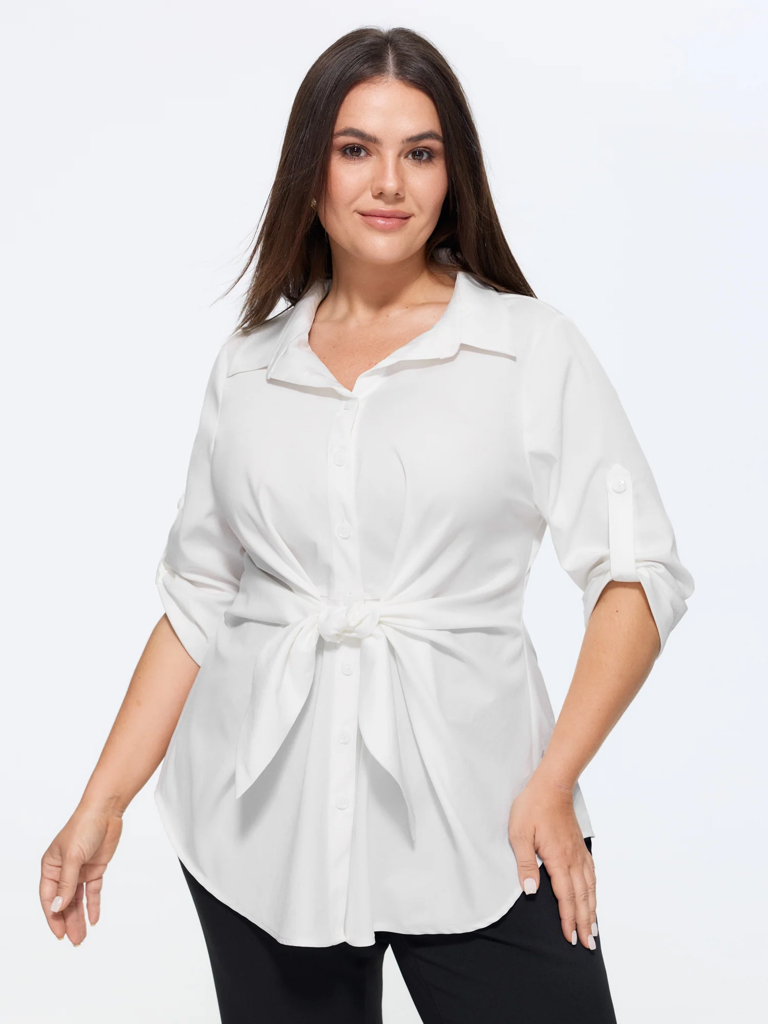 Solid Lapel Collar Knotted Front Waist Shirt