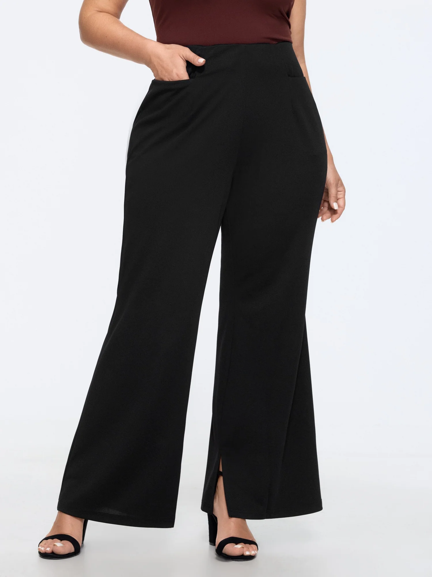 Solid Pocket Split Hem Flared Pants