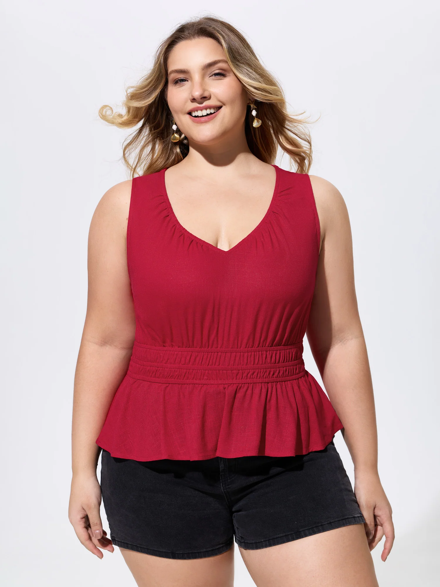 Linen Blend Shirred Waist Plain Tank Top