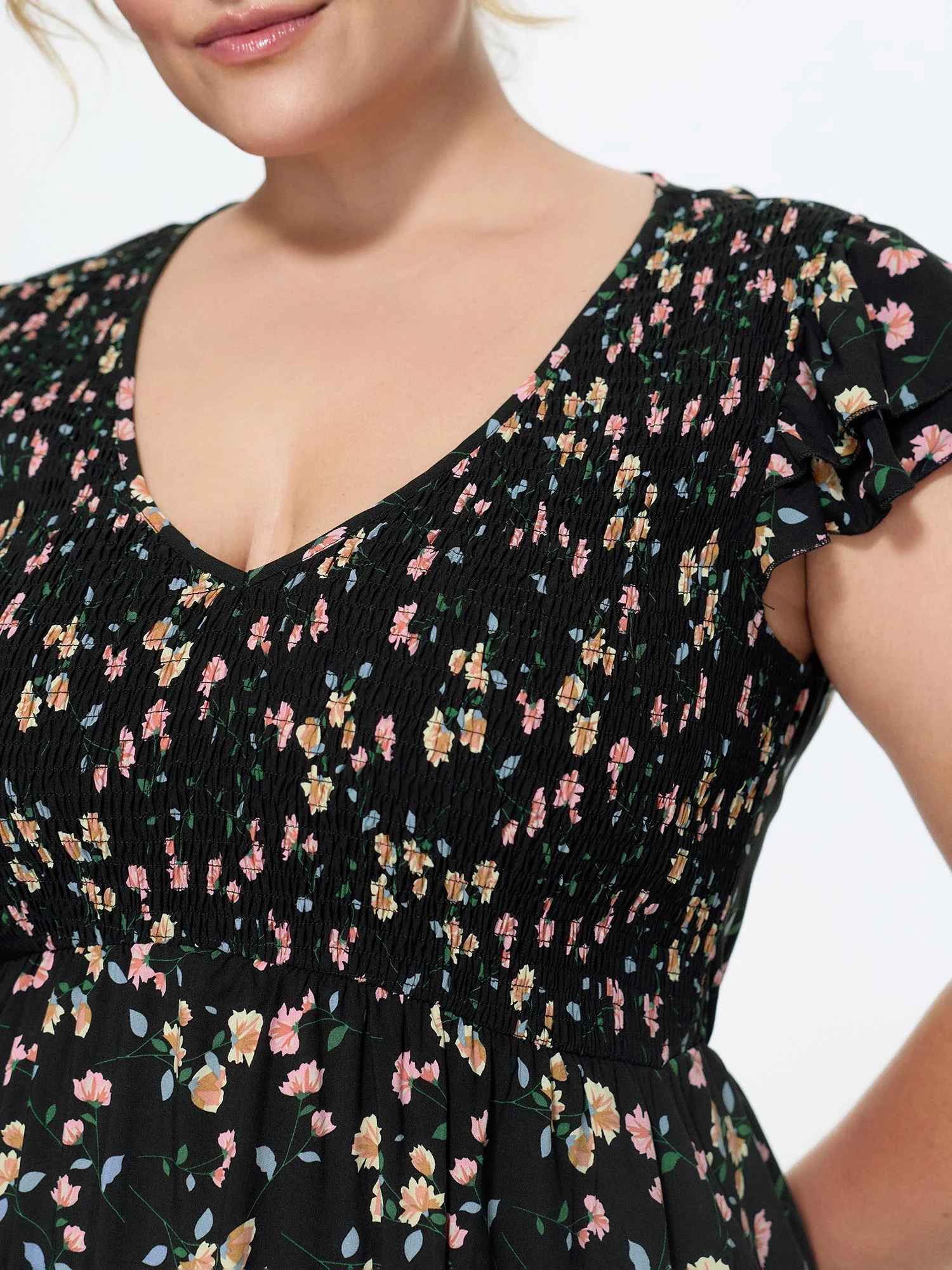 Floral Print V-Neck Ruffled Sleeve Mini Dress