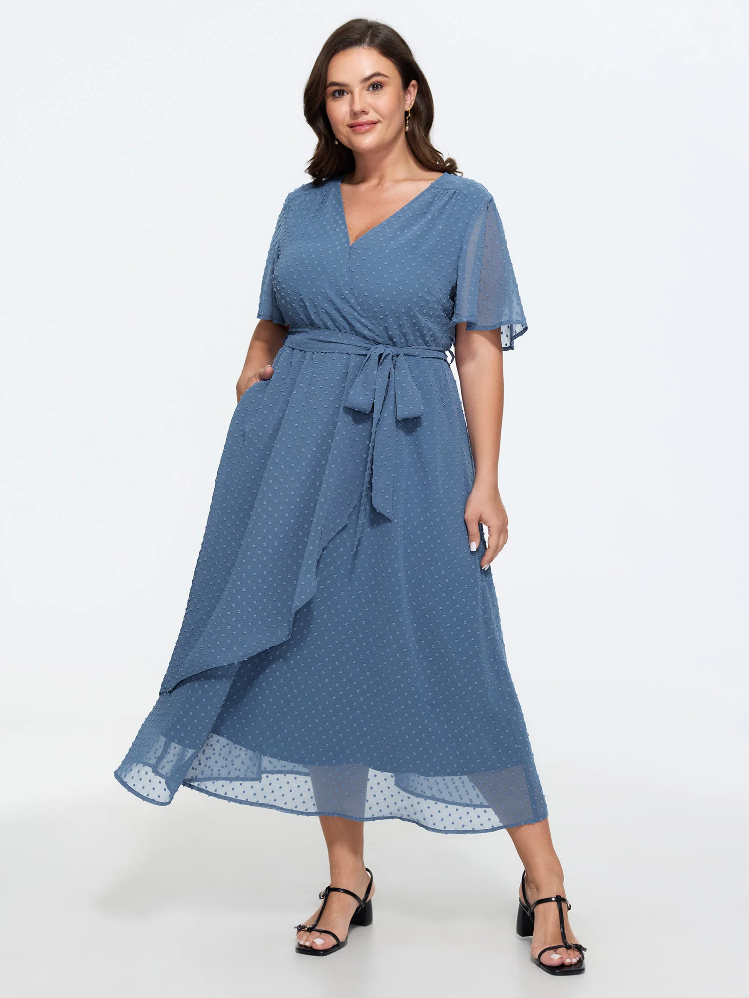 Textured Wrap Ruffled Front Midi Dress