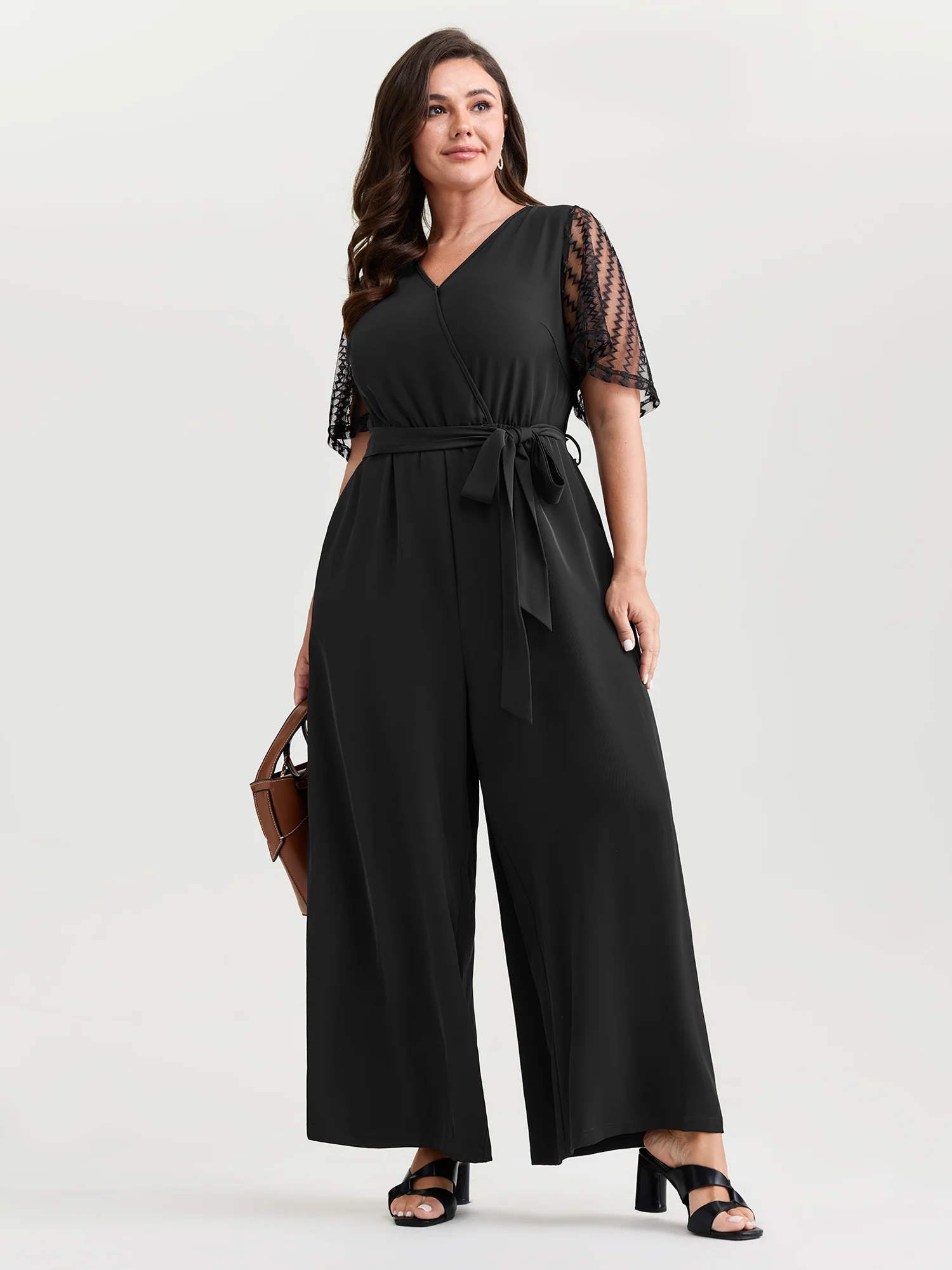 Textured Sheer Sleeve Stretchy Waist Tie Jumpsuit