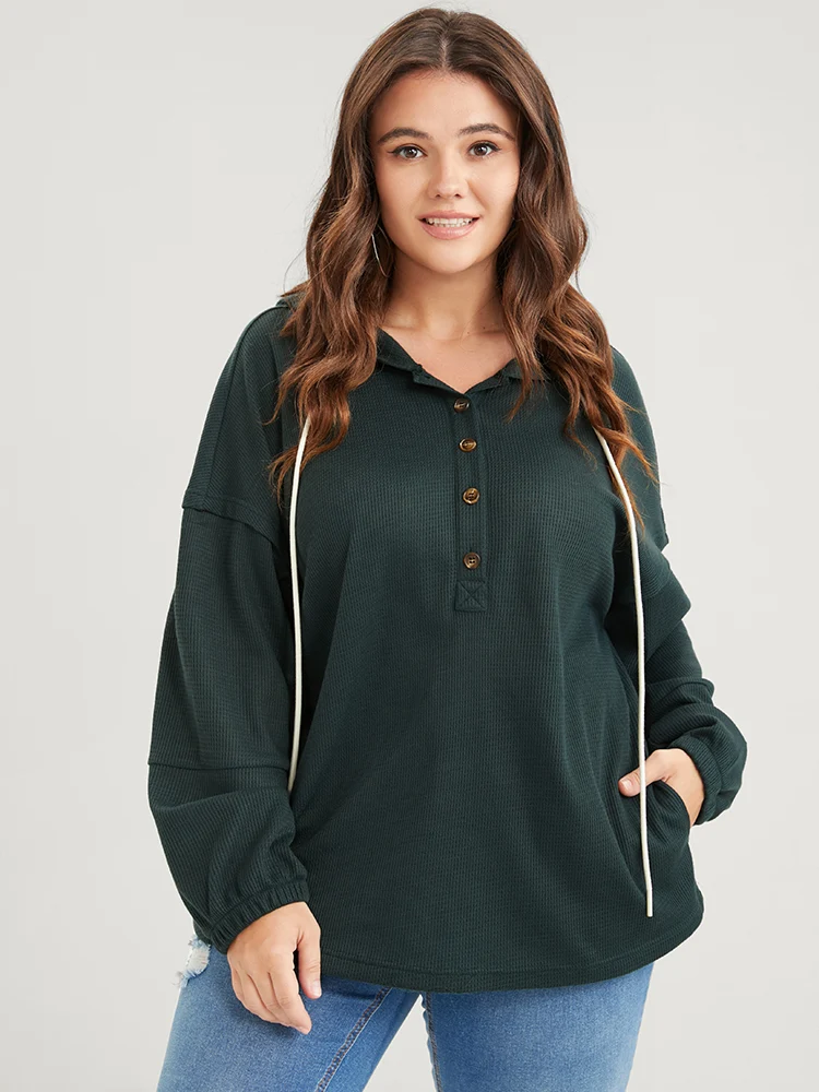 Solid Pocket Button Drawstring Waffle Knit Hooded Sweatshirt