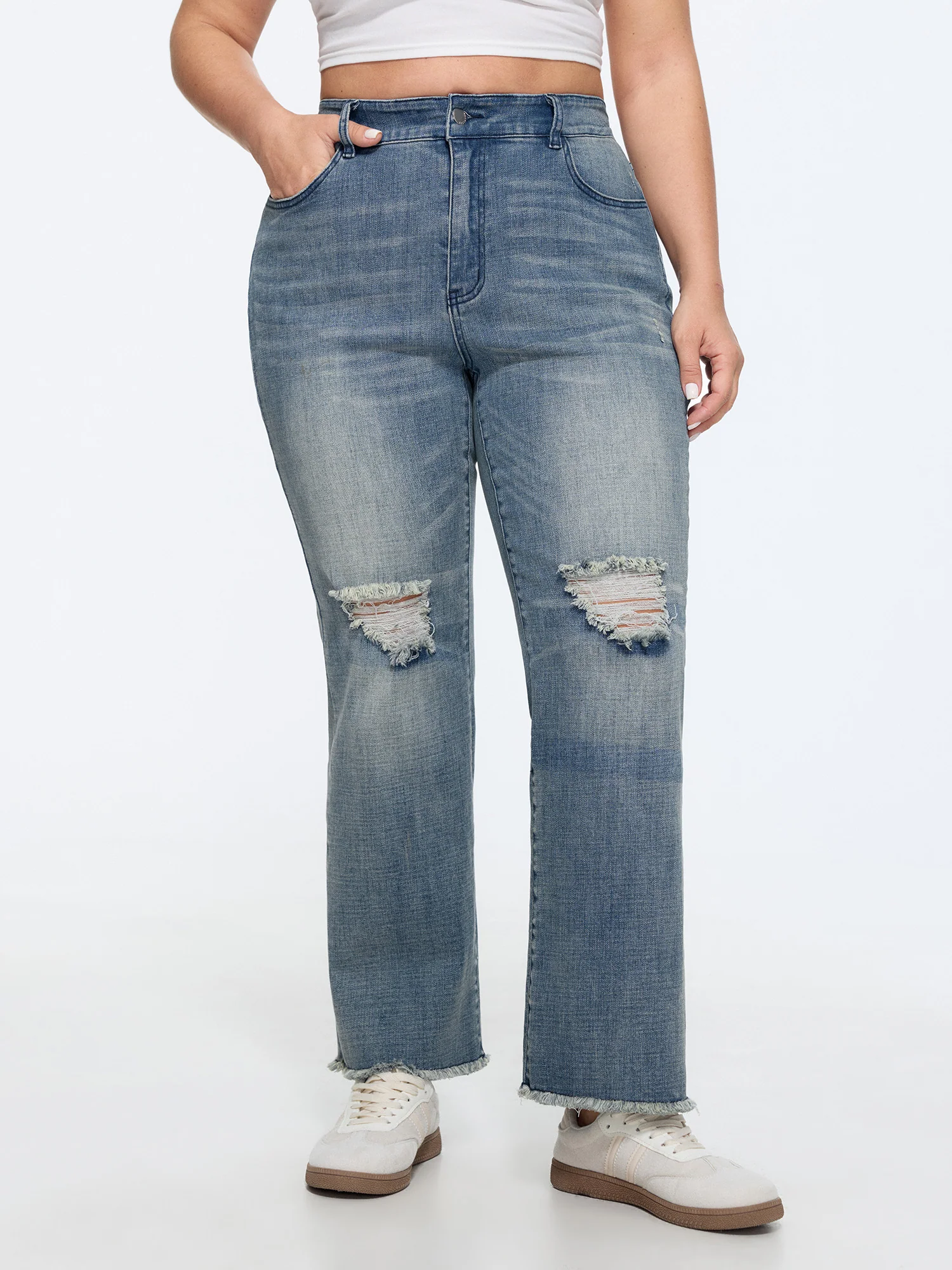 Stretchy Ripped Straight-Leg Jeans