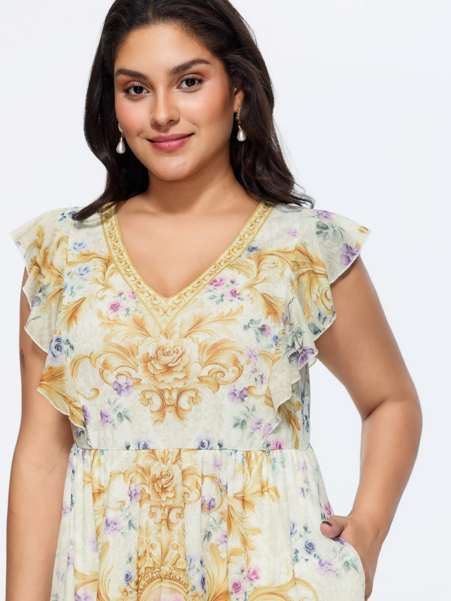 Stretchy Floral Print Ruffle Flutter Sleeve Midi Dress