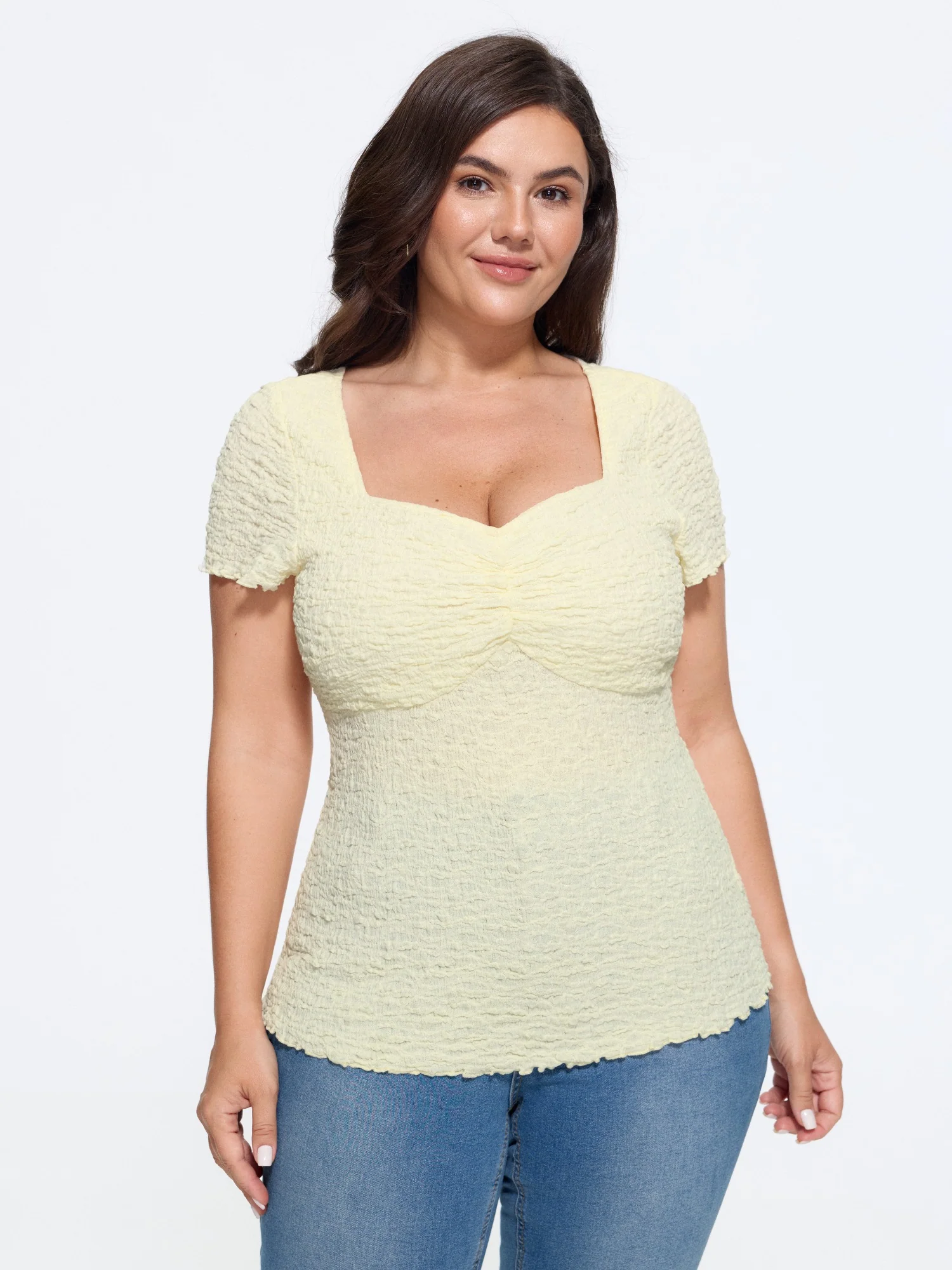 Textured Stretchy Square Neck Front Ruched Blouse