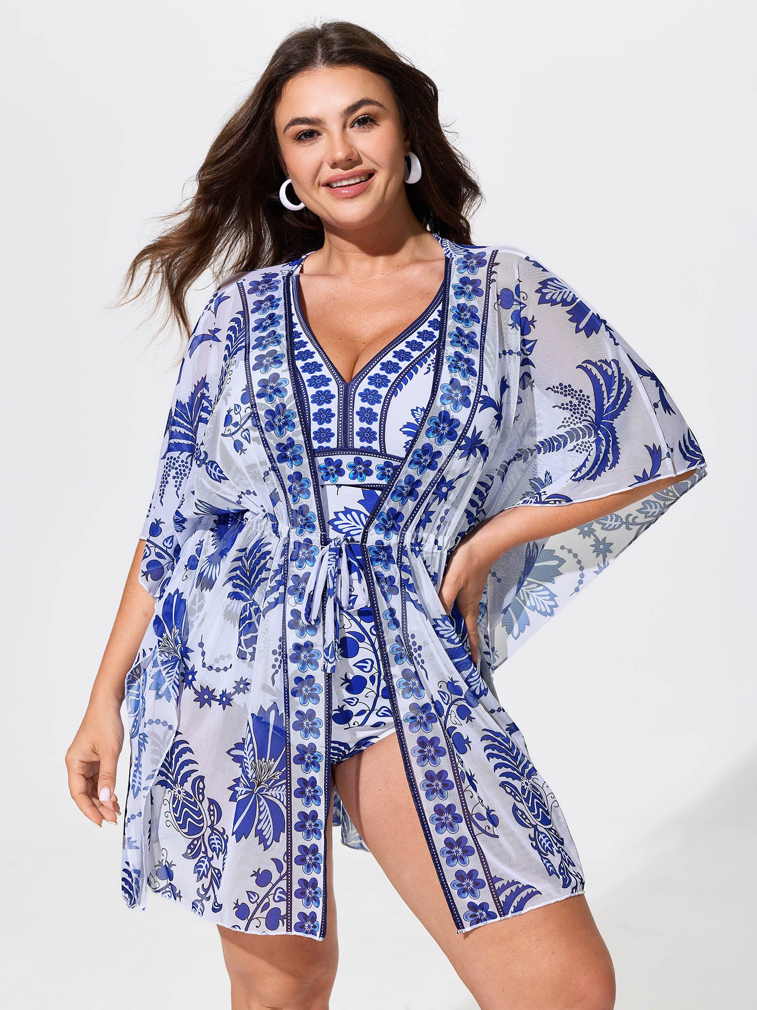 Kimono Two-Piece Tropical Print One-Piece Swim